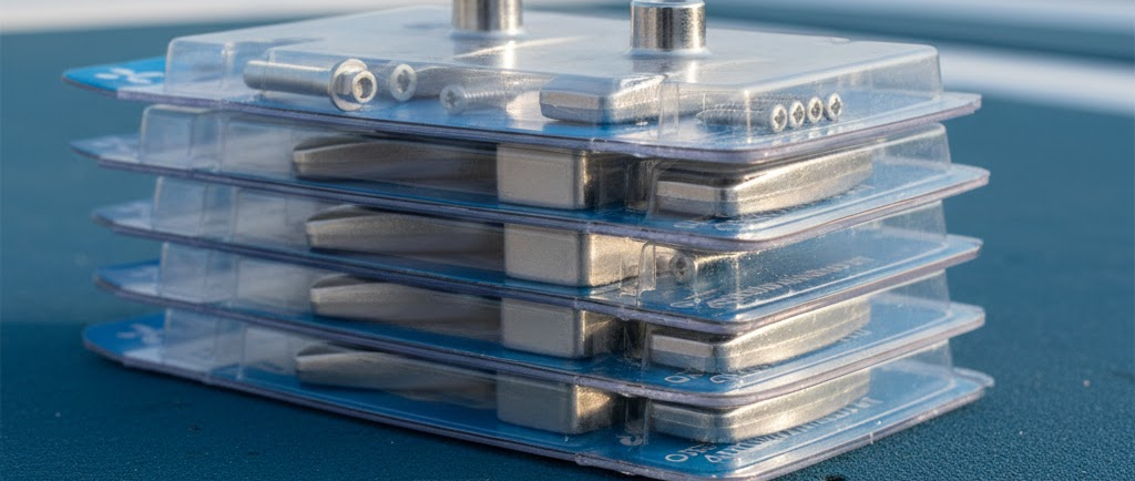 Un kit completo di anodi nuovi (lucidi) disposti ordinatamente: placche, anelli e viti di fissaggio, pronti per il montaggio.