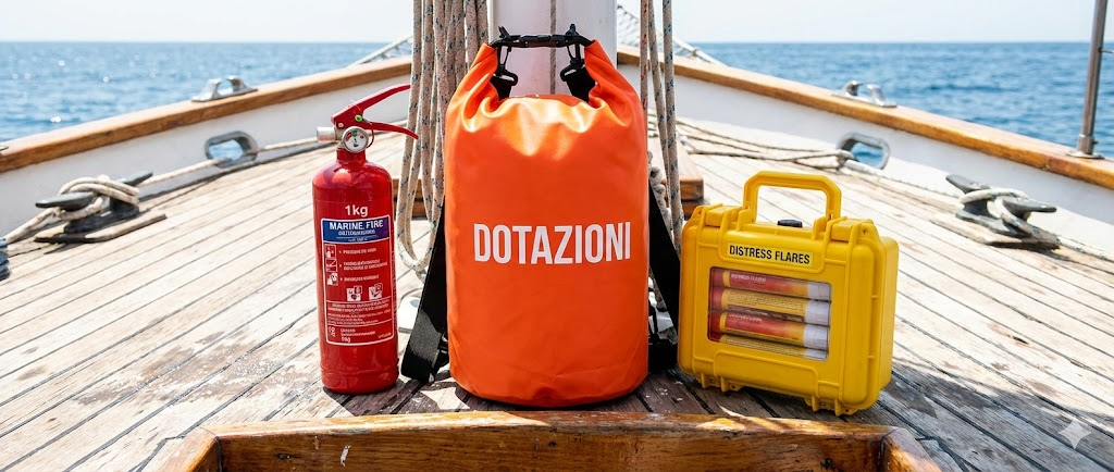 Immagine panoramica di un kit di sicurezza nautico: sacca arancione contenitiva, confezione di razzi di segnalazione ed estintore rosso da 1kg.
