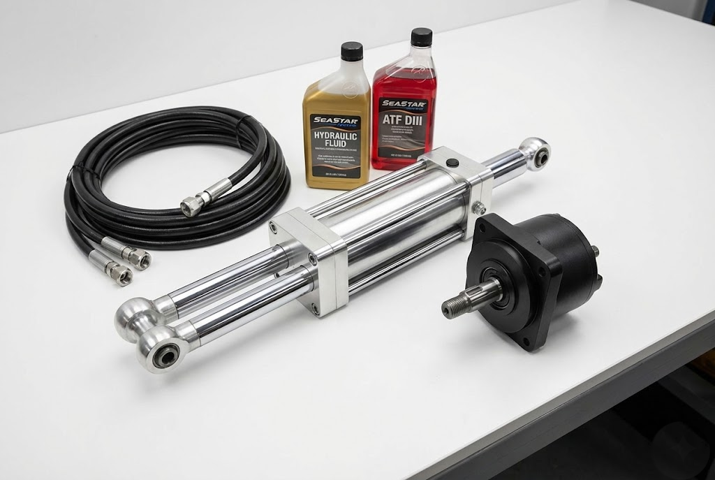 Kit timoneria idraulica completo di cilindro, pompa timone e flaconi di olio su un piano di lavoro.