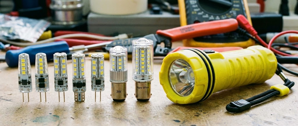 Primo piano macro di diverse lampadine a LED per nautica (vari attacchi) e una robusta torcia gialla impermeabile appoggiata di fianco.