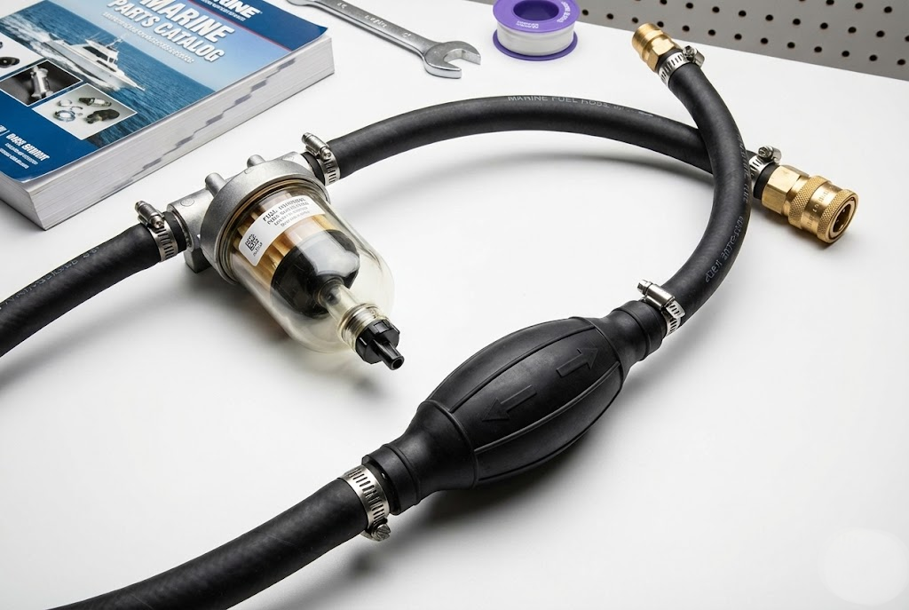 Composizione tecnica con filtro decantatore, tubo benzina, pompetta d'innesco e innesto rapido per motore fuoribordo.