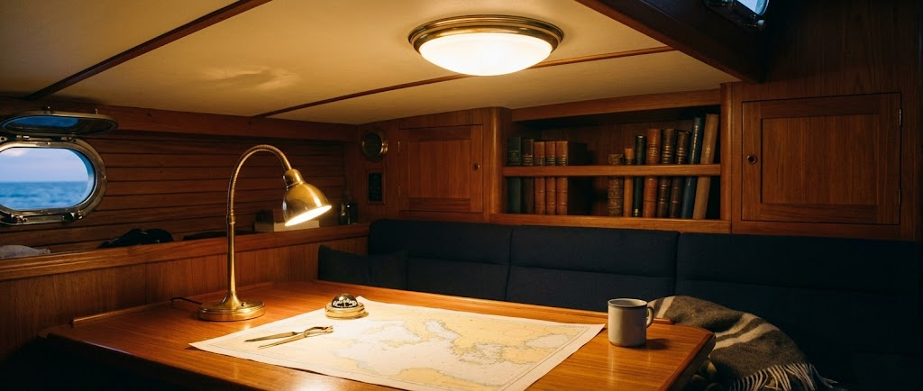 Ambientazione interna di una cabina barca lussuosa: una lampada da lettura flessibile accesa sopra una mappa nautica e una plafoniera a soffitto a luce calda.