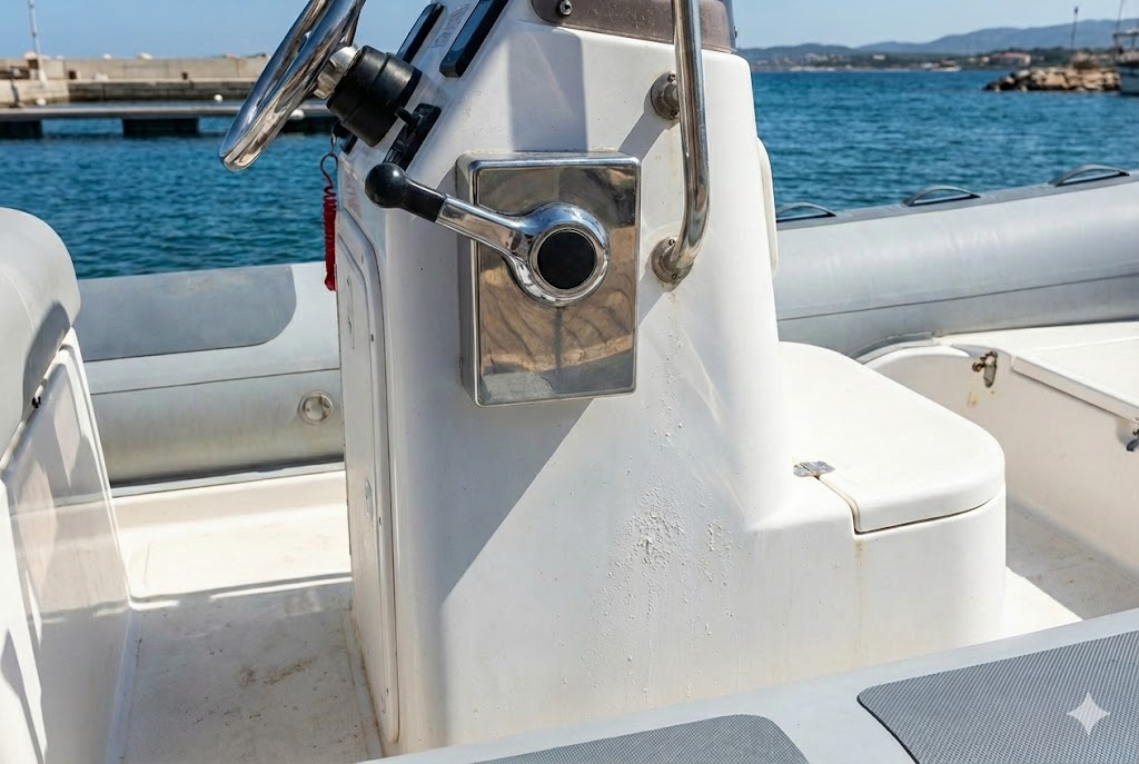 Vista laterale della console di un gommone: scatola comando monoleva installata con i cavi neri che fuoriescono ordinatamente verso il motore.