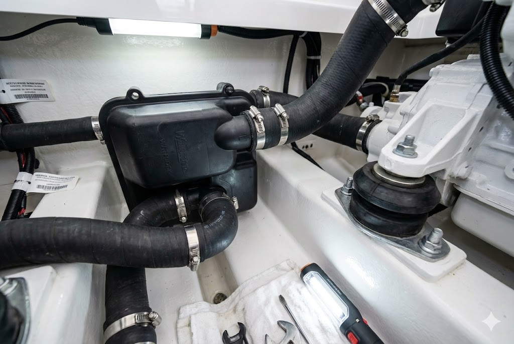 Marmitta waterlock nera installata in sentina collegata ai tubi di scarico.