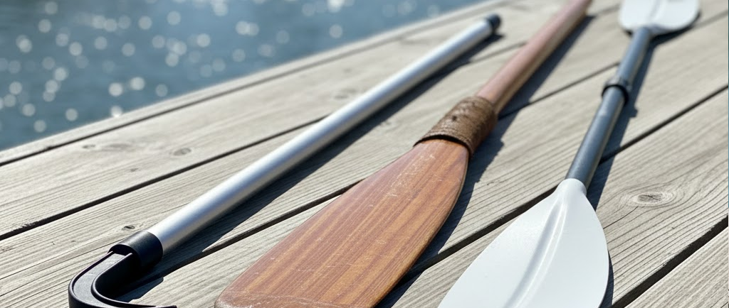 Foto dettagliata di attrezzatura per manovra manuale su un pontile: un mezzo marinaio in alluminio, un remo in legno verniciato, una pagaia e una coppia di scalmi in metallo lucido appoggiati in primo piano.
