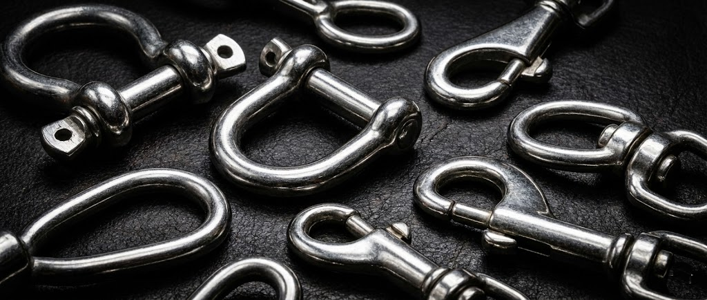 Un assortimento di grilli e moschettoni in acciaio inox lucido disposti ordinatamente su sfondo scuro.