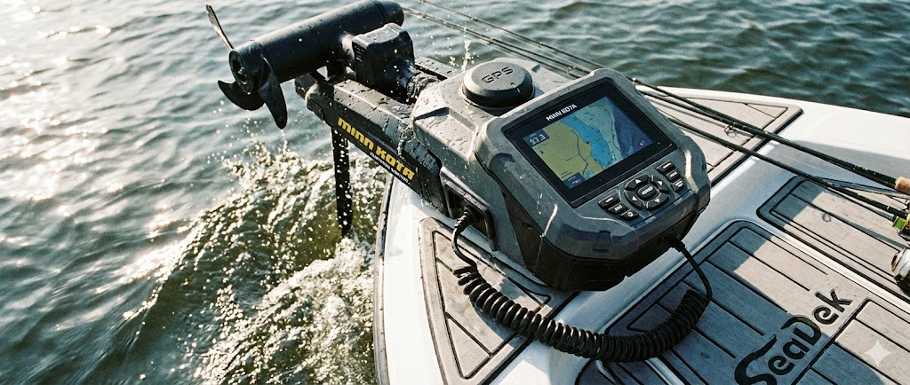 Un motore elettrico di prua (trolling motor) nero installato su una barca da pesca, con il telecomando wireless e il pedale di comando in primo piano.