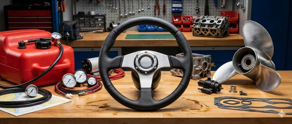 Composizione tecnica con un volante sportivo per barca in primo piano, una scatola guida meccanica, un serbatoio portatile rosso e un'elica in alluminio sullo sfondo.