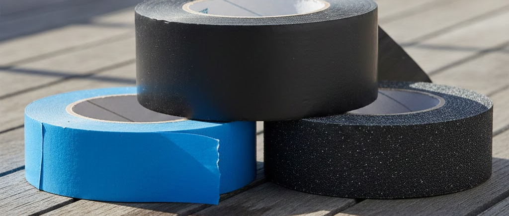 Tre rotoli di nastro diversi: un rotolo di nastro autoagglomerante nero, un rotolo di nastro blu da mascheratura e un rotolo di nastro antiscivolo grigio.