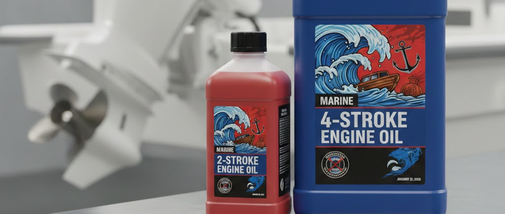 Una tanica di olio motore 4 tempi grigia e una bottiglia di olio miscela 2 tempi, con un motore fuoribordo sfocato sullo sfondo.