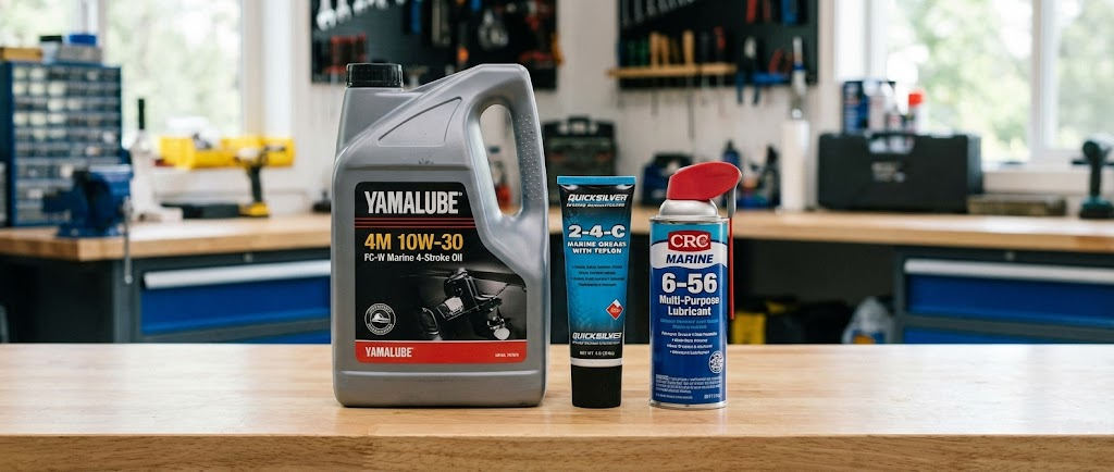 Una tanica di olio motore marino, un tubetto di grasso nautico blu e una bomboletta di spray lubrificante sbloccante.