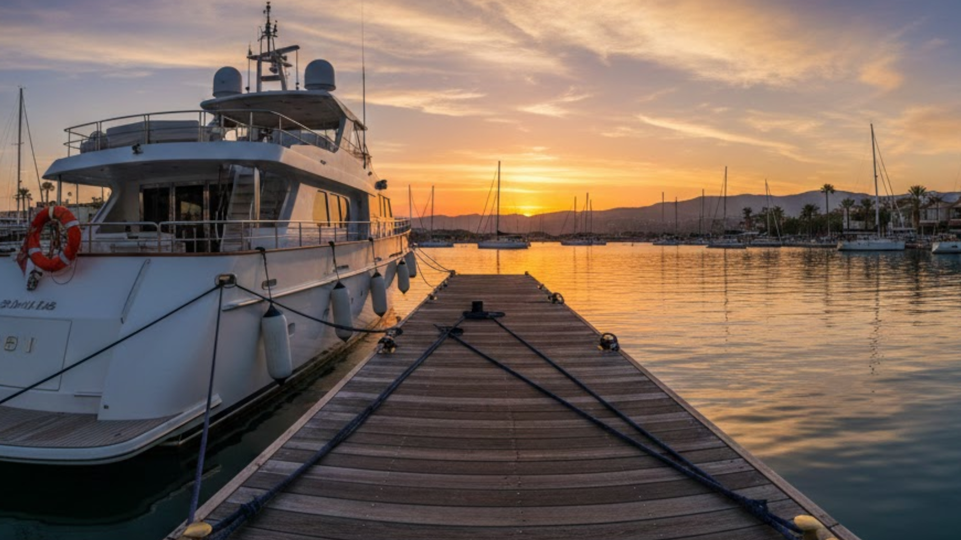 Vista panoramica di una barca ormeggiata in banchina al tramonto, con cime, parabordi e un salvagente anulare in evidenza.