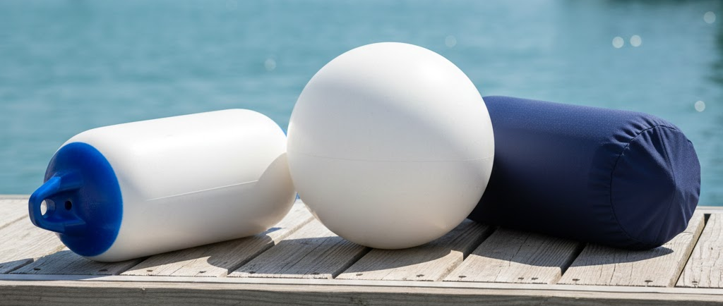 Composizione panoramica su pontile: una serie di parabordi bianchi cilindrici e sferici (tipo boa) allineati, alcuni rivestiti con copriparabordi blu navy e neri.