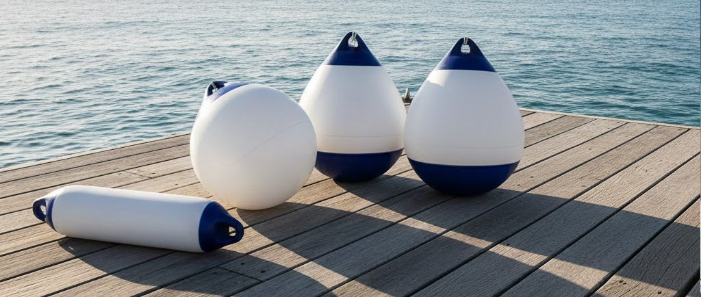 Lineup di diversi tipi di parabordi bianchi con testata blu su un pontile: due cilindrici di misure diverse, uno sferico grande e uno piatto.