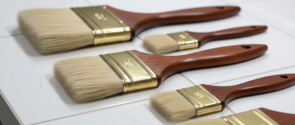 Primo piano di diversi pennelli nautici con manico in legno o plastica e setole bionde/nere, appoggiati su una latta di vernice chiusa.