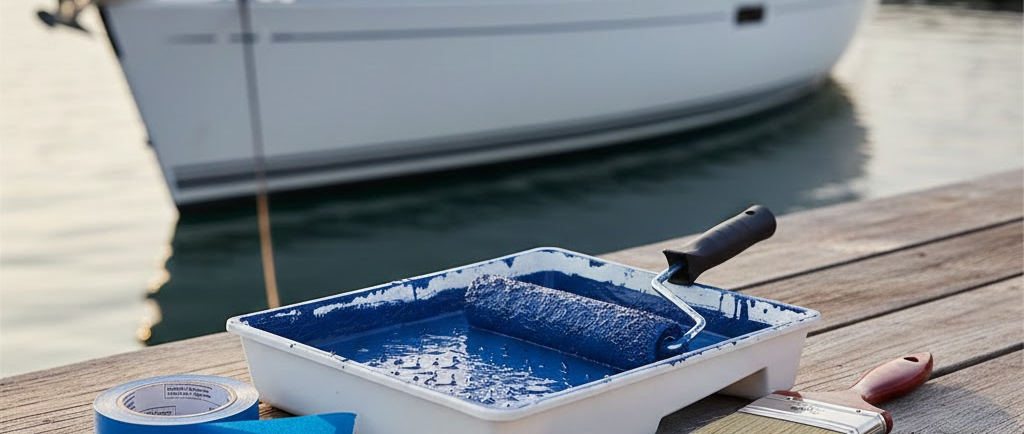 Un set da verniciatura pronto all'uso: una vaschetta di plastica con dentro un rullo sporco di vernice blu, due pennelli puliti e un rotolo di nastro adesivo.