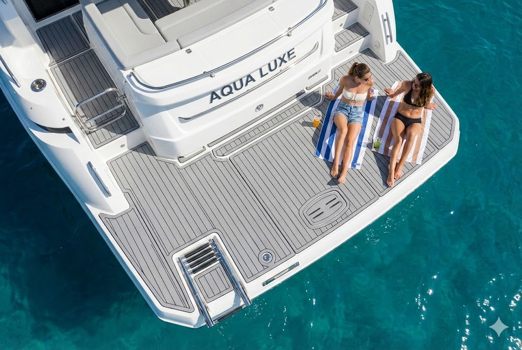 Moderna plancetta di poppa aggiuntiva con rivestimento in teak sintetico grigio installata su una barca bianca.