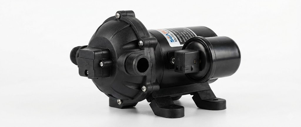 Una pompa autoclave nera con piedini in gomma antivibranti e raccordi pronti per l'installazione idrica.