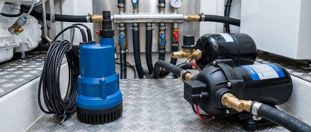 Una pompa di sentina bianca e blu con la base rossa, accanto a un'autoclave 12V nera con i raccordi pronti per il montaggio.