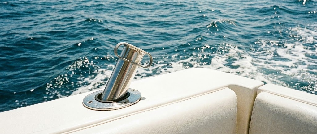 Un portacanna in acciaio inox da incasso con tappo nero, e un'asta portabandiera con bandiera italiana mossa dal vento.