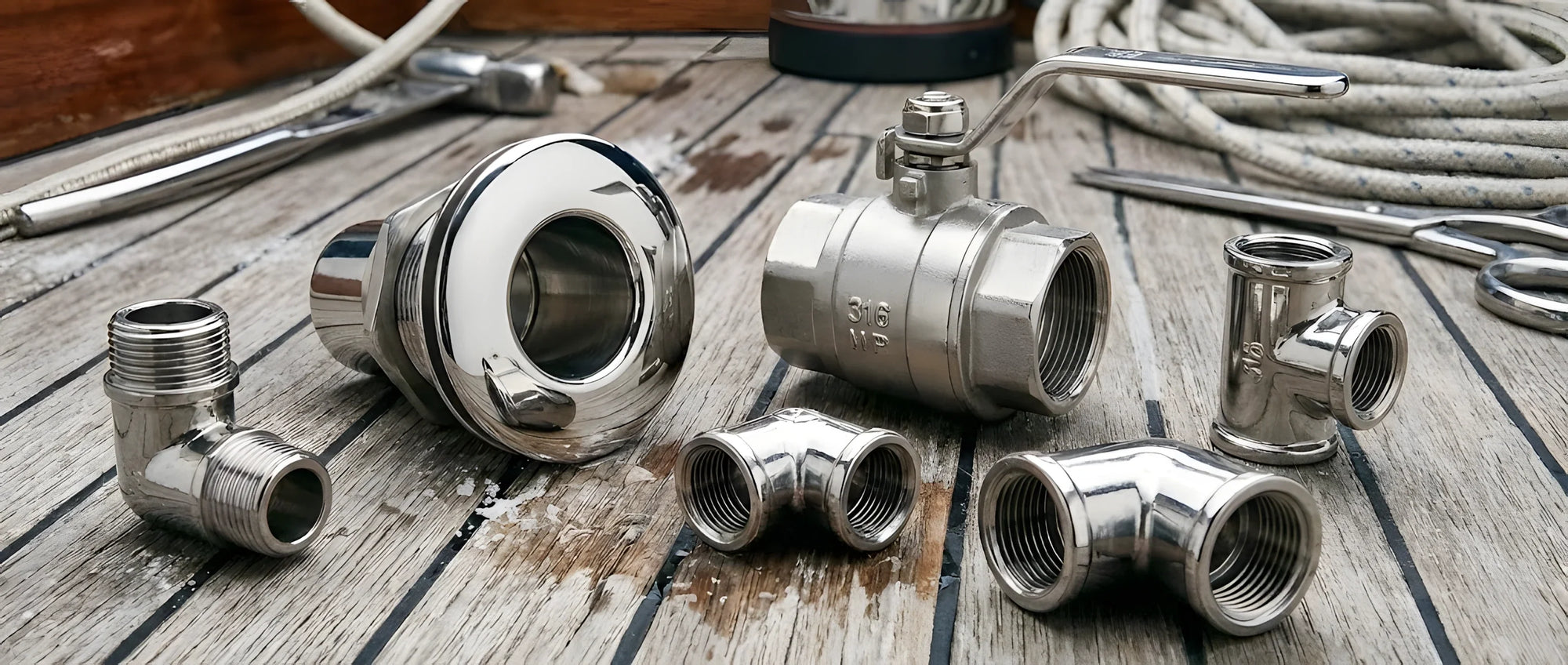 Una composizione luccicante di idraulica inox: uno scarico a scafo lucidato a specchio, una valvola a sfera in acciaio e raccordi filettati 316.