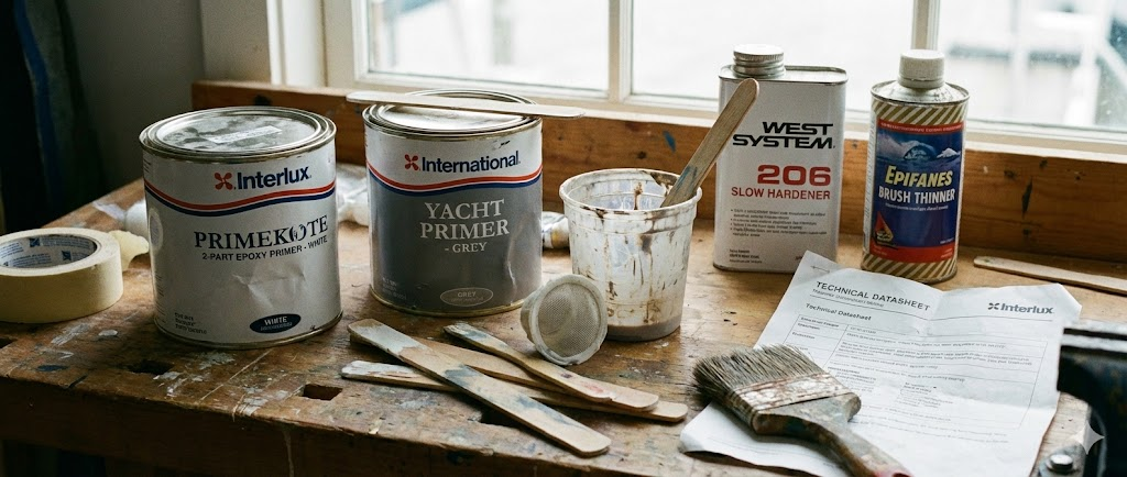 Latte metalliche di primer epossidico e bottiglie di diluente su un banco di lavoro, con bastoncini per la miscelazione.