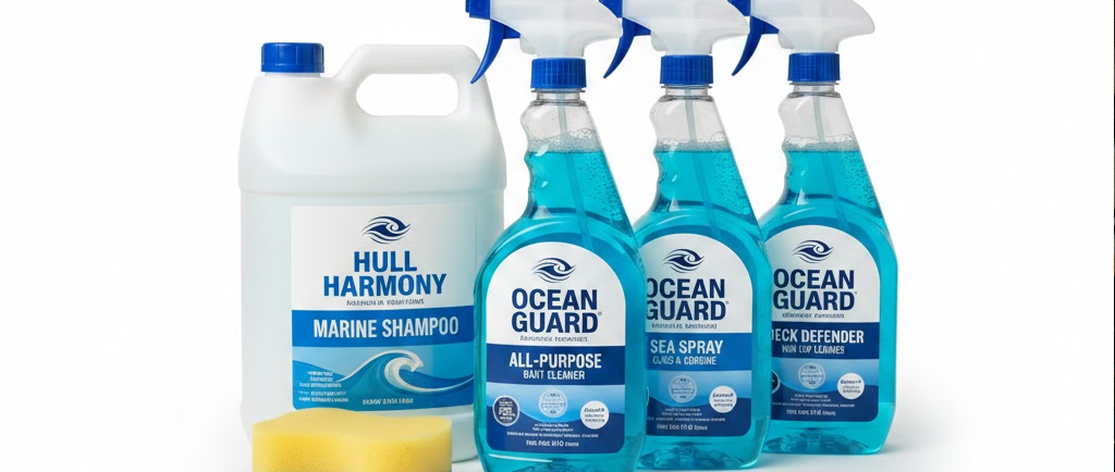 Una selezione di flaconi spray e taniche di detergenti nautici (shampoo, sgrassatore, disossidante) allineati su una superficie bianca pulita.