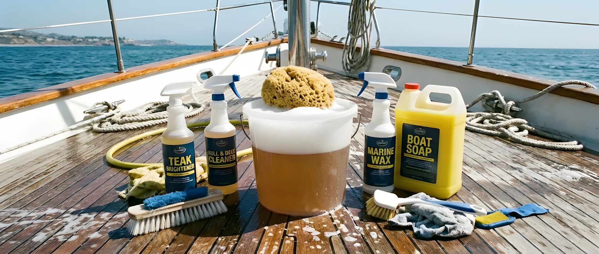 Un set completo di prodotti per la pulizia nautica sul ponte di una barca: uno shampoo, uno spray per parabordi, un flacone per il teak e una spugna insaponata dentro un secchio.