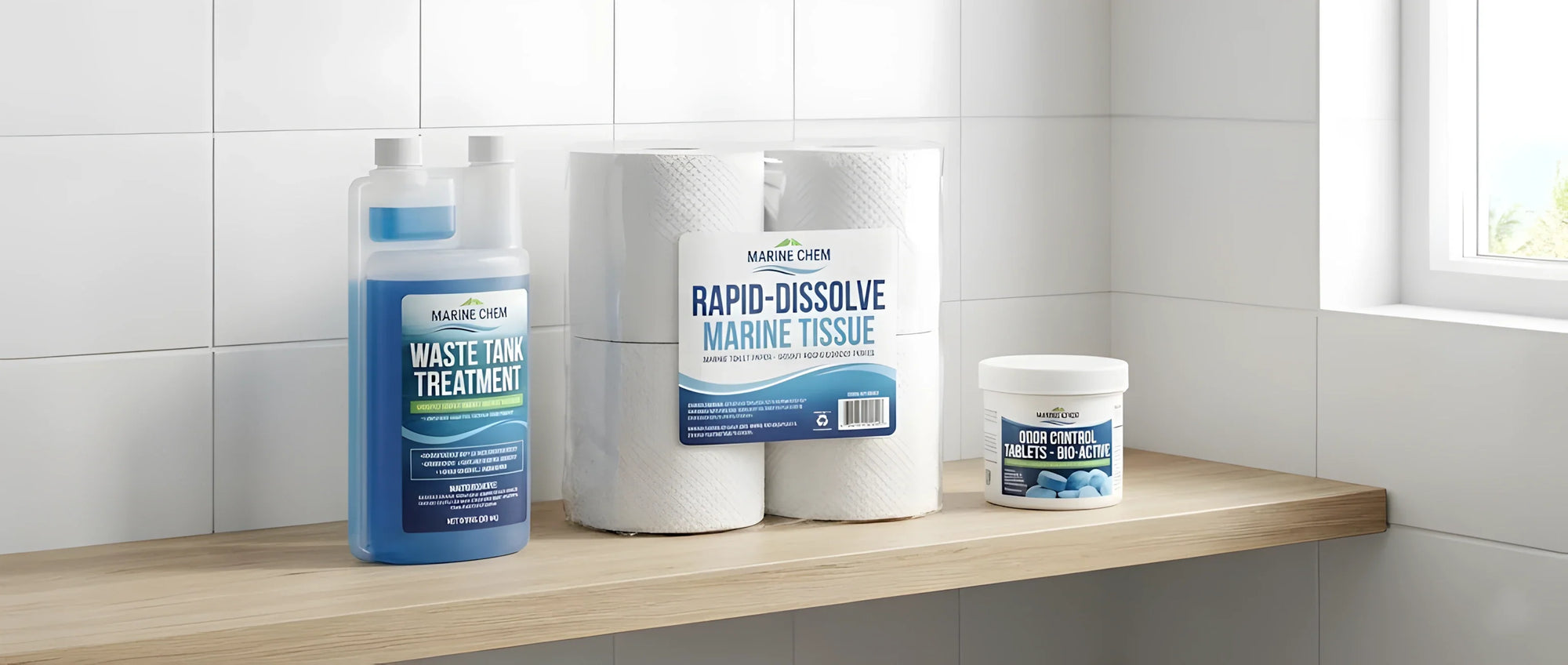 Un flacone di liquido disgregante blu per acque nere accanto a due rotoli di carta igienica specifica per nautica e una confezione di pastiglie antiodore.