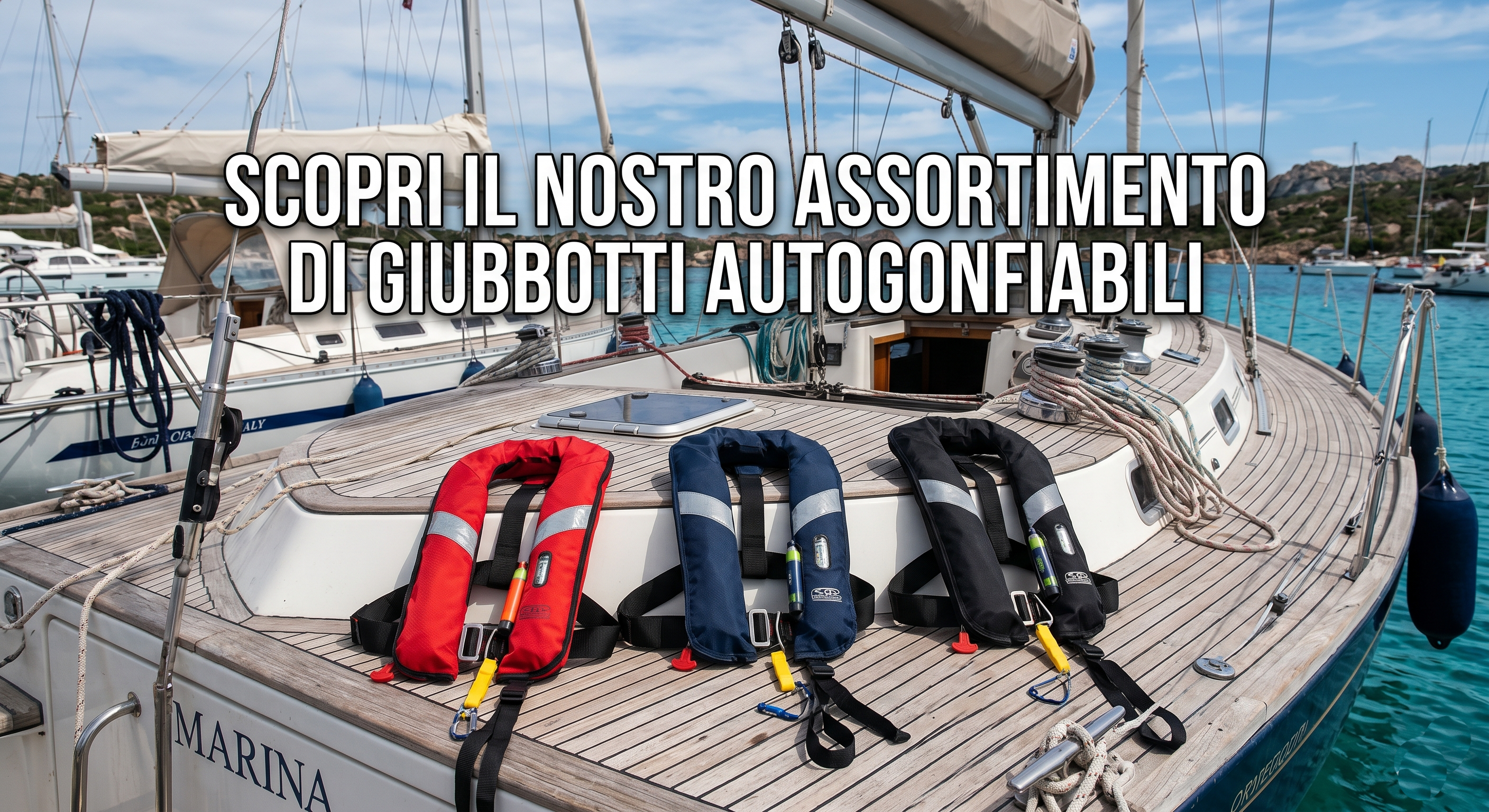 Giubbotti autonfiabili sopra il ponte di una barca a vela ormeggiata