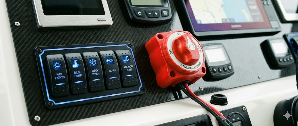 Un pannello interruttori nautico nero impermeabile con etichette retroilluminate blu e uno staccabatterie rosso rotativo ad alto amperaggio.
