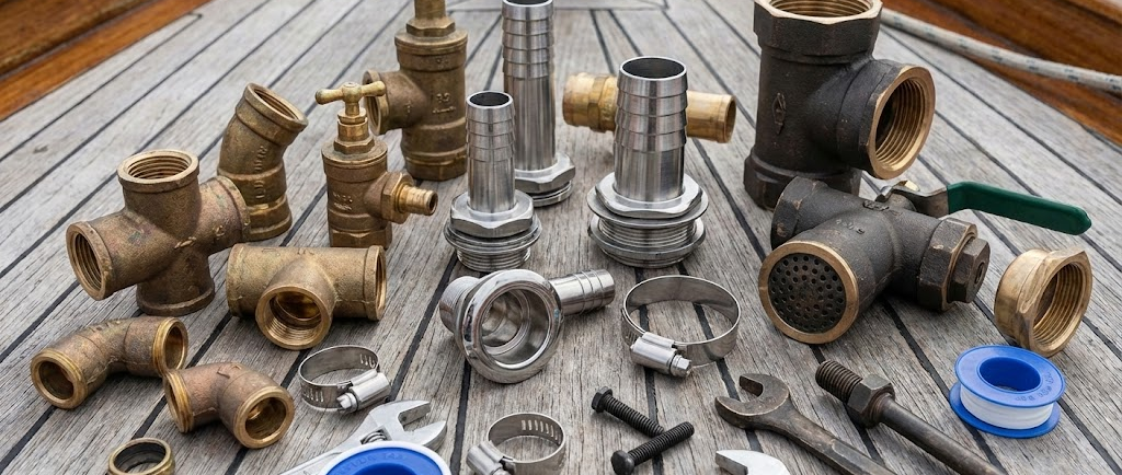 Assortimento di raccordi idraulici marini in ottone, bronzo e acciaio inox, valvole, fascette e utensili disposti su una coperta di legno di una barca.