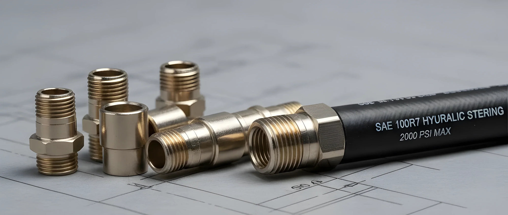 Dettaglio tecnico di raccordi idraulici nichelati lucidi e un pezzo di tubo nero rigido ad alta pressione per timonerie.