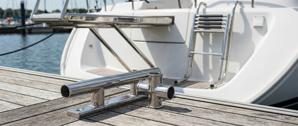 Un raccordo per tubo in acciaio inox a tre vie, con sullo sfondo sfocato un pulpito e una scaletta da bagno montata a poppa.