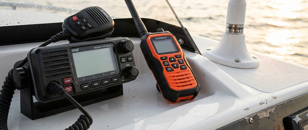 Una radio VHF fissa installata su console con microfono, affiancato da un VHF portatile in piedi e un dettaglio della base di un'antenna bianca.