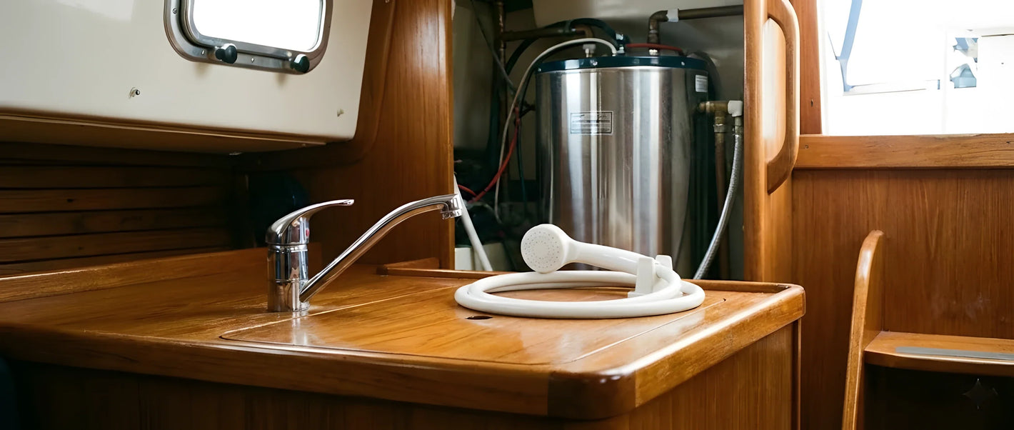 Un elegante miscelatore cromato da barca, una doccetta bianca con tubo e uno scaldabagno (boiler) cilindrico bianco installato.