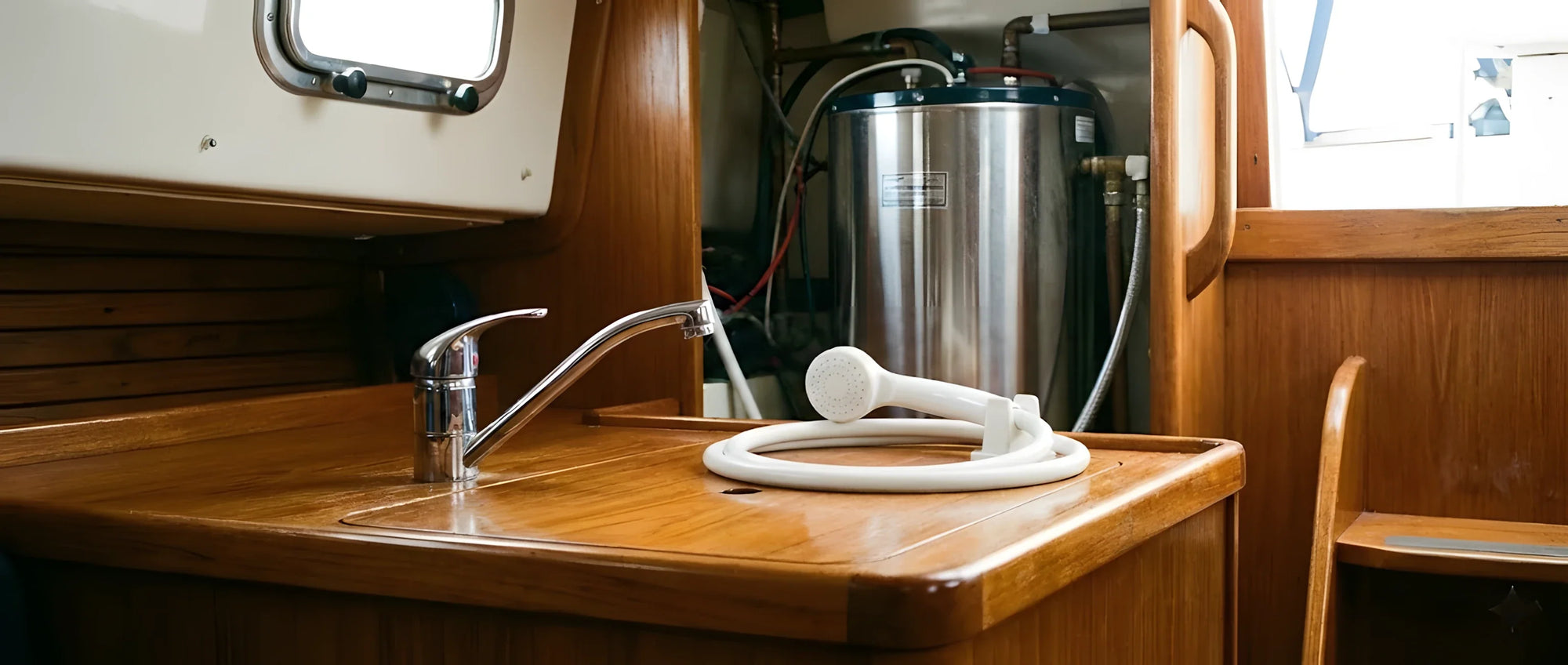 Un elegante miscelatore cromato da barca, una doccetta bianca con tubo e uno scaldabagno (boiler) cilindrico bianco installato.