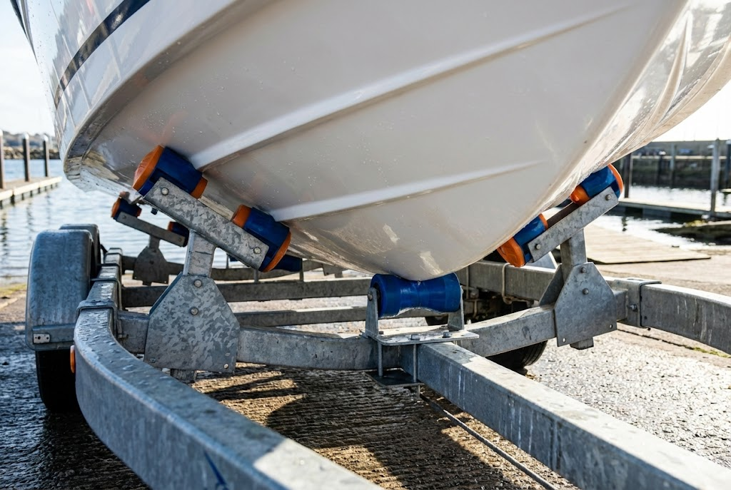 Dettaglio della chiglia di una barca che poggia su rulli centrali blu e rulli laterali arancioni di un rimorchio.