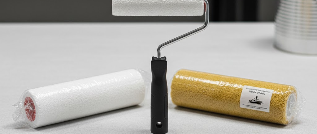 Un manico per rullo con accanto due ricambi diversi: uno in spugna bianca fine (per smalto) e uno in pelo giallo (per antivegetativa).