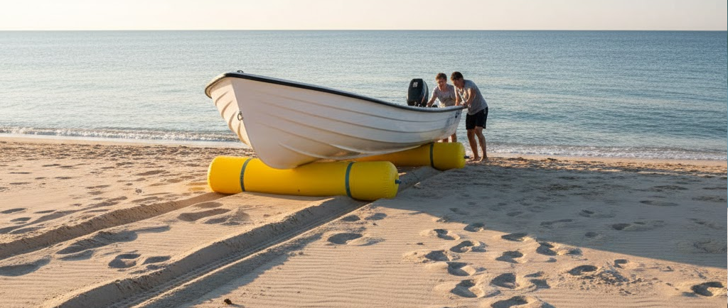 Vista panoramica su una spiaggia sabbiosa: una piccola barca bianca viene spostata facendola rotolare su due grandi rulli di alaggio gonfiabili di colore giallo brillante posizionati sotto lo scafo.