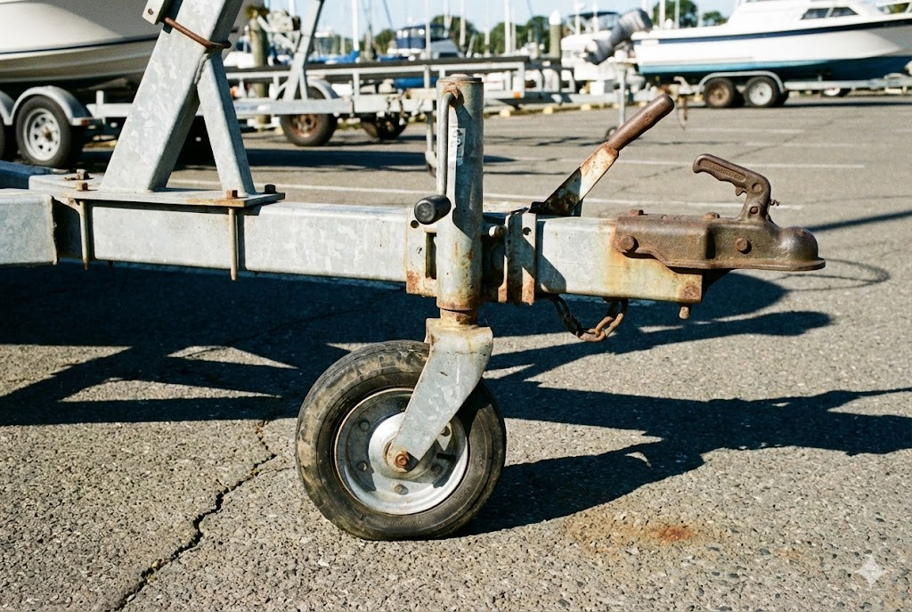 Ruotino d'appoggio telescopico montato sul timone di un carrello barca parcheggiato su asfalto.