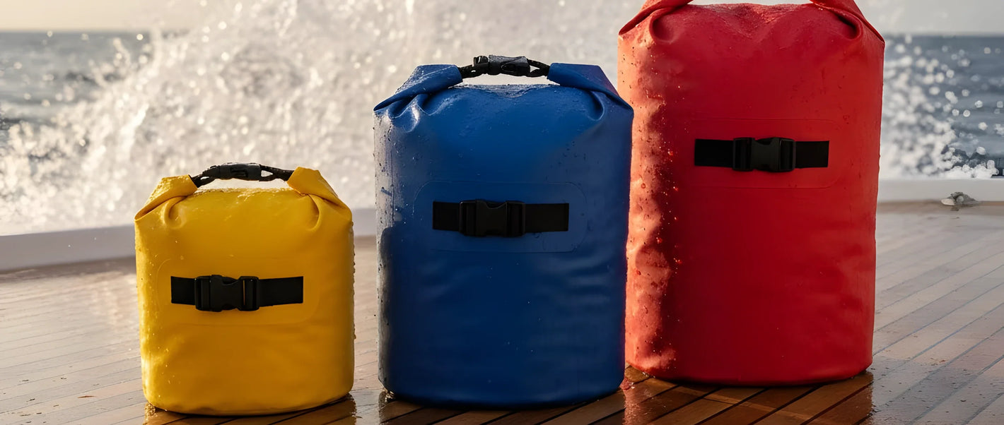 Tre sacche stagne di diverse dimensioni (gialla, blu, rossa) chiuse, appoggiate sulla sabbia o sul teak, con schizzi d'acqua vicino.