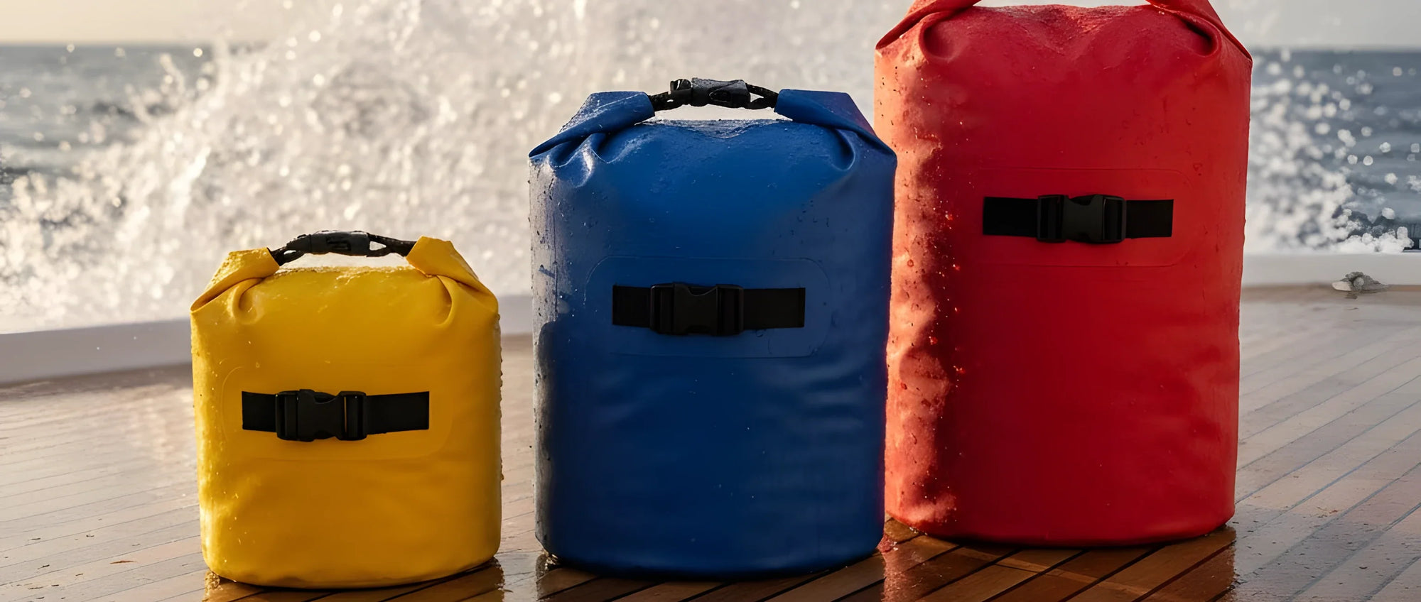 Tre sacche stagne di diverse dimensioni (gialla, blu, rossa) chiuse, appoggiate sulla sabbia o sul teak, con schizzi d'acqua vicino.