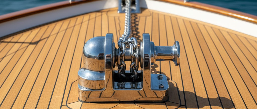 Dettaglio panoramico della prua di una barca con un salpa ancore elettrico cromato installato su coperta in teak, con catena che scorre verso il musone in acciaio inox.