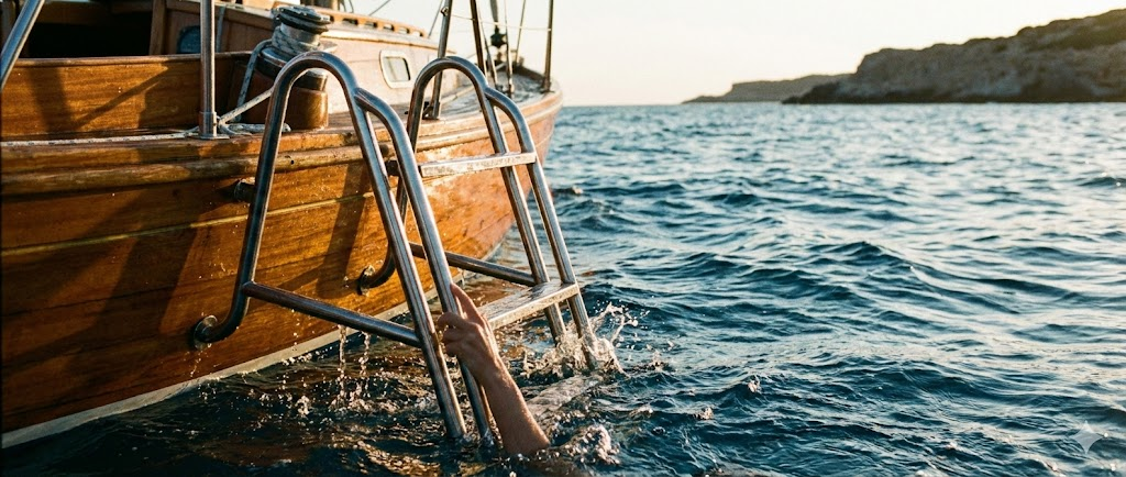 mano di una persona che sta prendendo in mano la scaletta di risalita di una barca