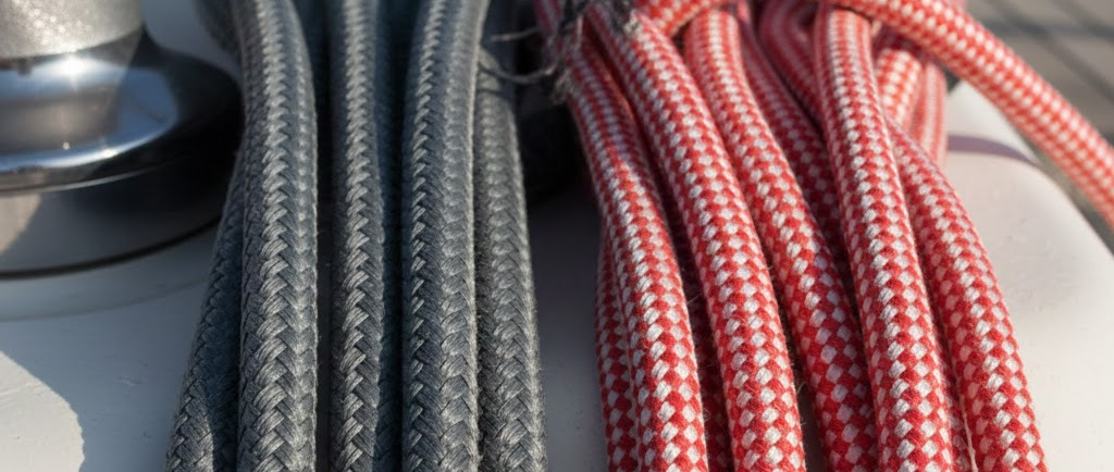 Un dettaglio macro di diverse cime tecniche da vela: una drizza in Dyneema grigia scura e una scotta rossa e bianca, con la trama a doppia treccia ben visibile.