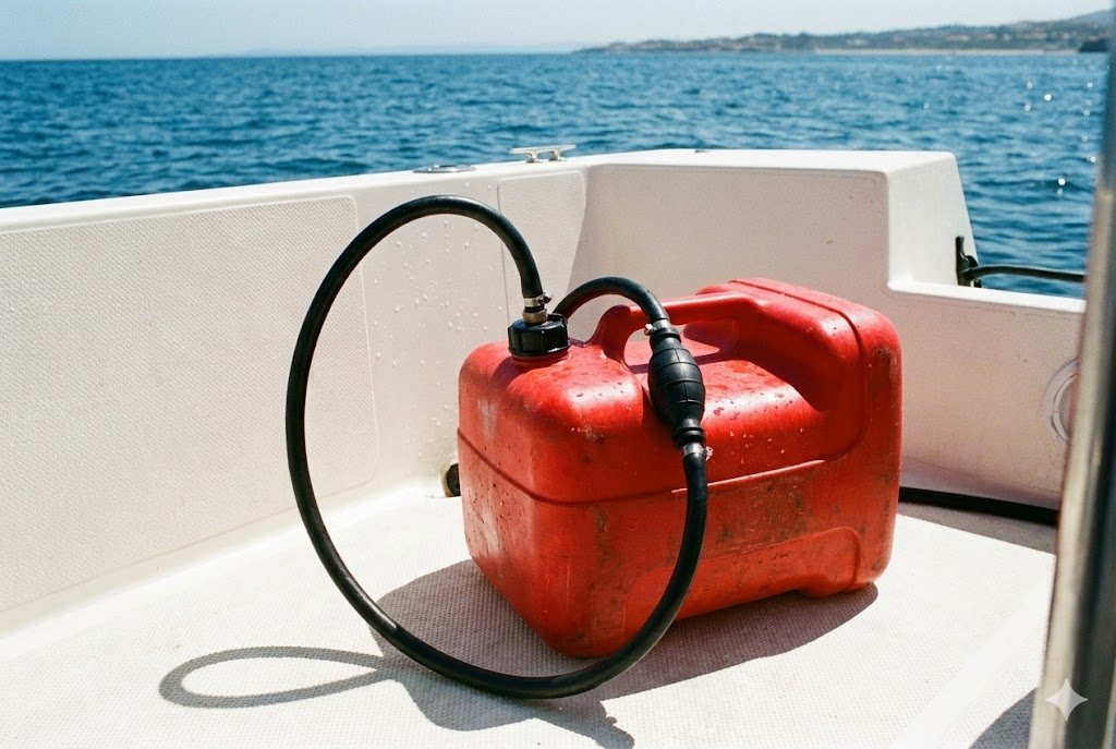 Serbatoio carburante portatile rosso (tipo Hulk) posizionato sul pagliolato di una barca, collegato al tubo.