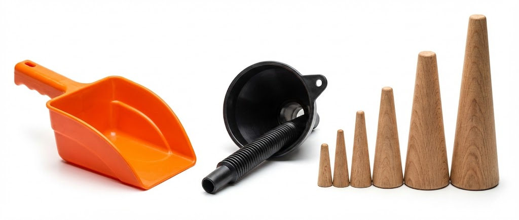 Composizione su fondo bianco con una sessola arancione, un imbuto per carburante e un set di cunei turafalle in legno di varie misure.