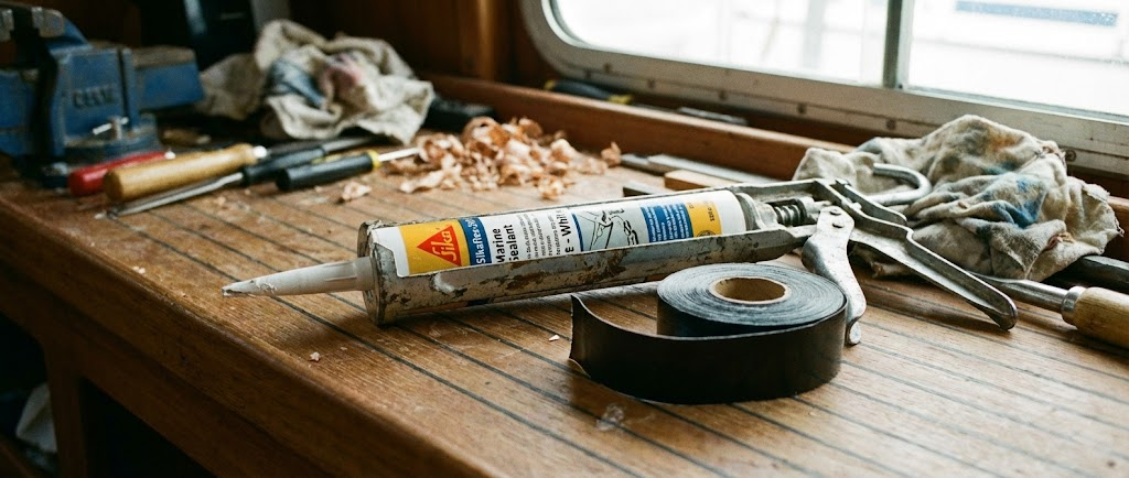 Una cartuccia di sigillante marino inserita in una pistola per silicone, pronta all'uso, con un rotolo di nastro adesivo accanto.