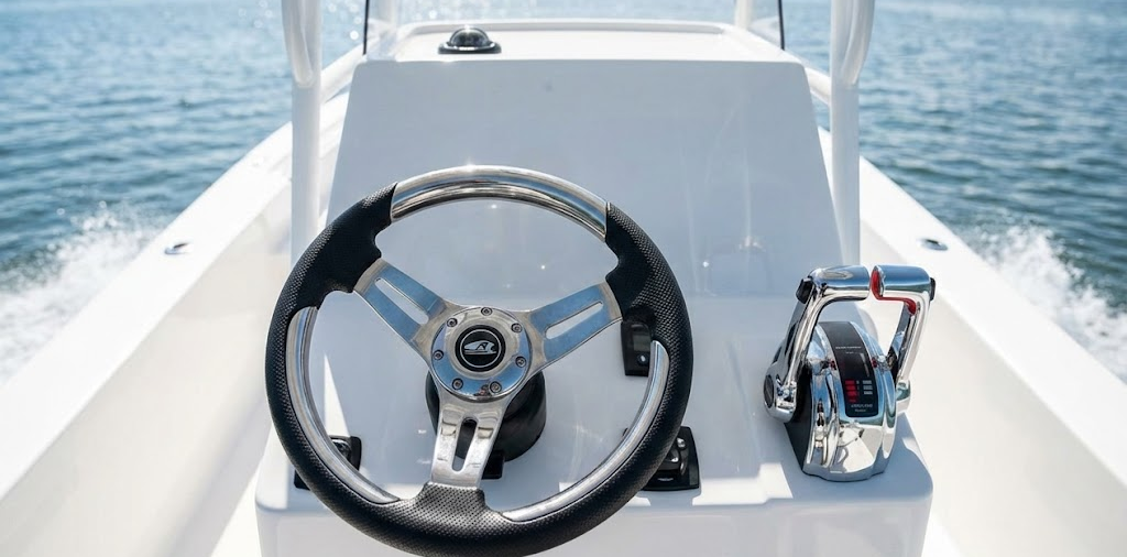 Console di guida barca con volante nautico sportivo, scatola comando monoleva e strumentazione di bordo.